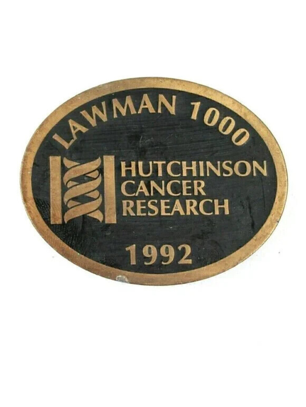 Vintage Belt Buckle Hutchinson Cancer Research Black & Gold tone Metal 1992 RARE